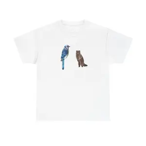 Men's Cotton Ribbed Knit Breathable Fabric Casual T-Shirt - Classic Forest Animals Design (Blue Jay, Raccoon, No Text)