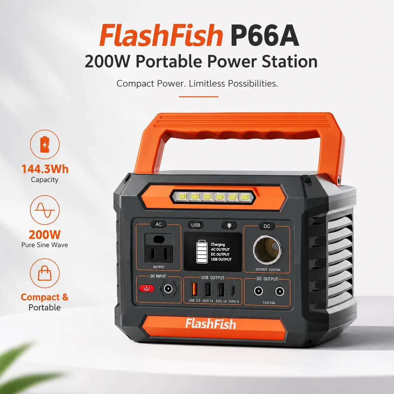 Flashfish P66A 200W Portable Solar Generator, 144.3Wh Power Station Battery Pack with AC/USB/DC Outputs & Multiple Adapters for Camping, Home Emergency Use