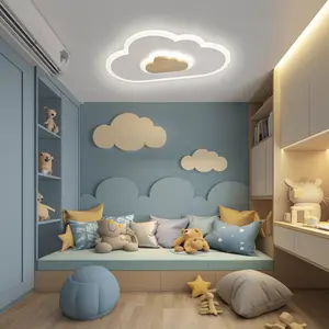 LED ceiling light bedroom children's room light, children's cloud ceiling light wooden, dimmable with remote control and night light function
