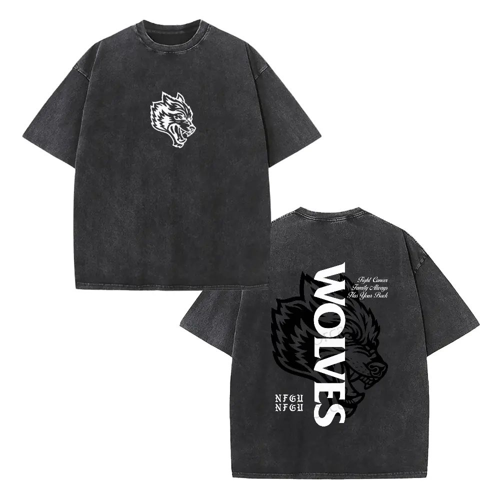 Men's Retro Washed Vintage T-Shirts - Double-Sided Wolf Head Graphic, Breathable Black Cotton Crewneck, Short Sleeves Casual Tee, Machine Safe Unisex Streetwear for Outdoor Wear, Pure Cotton, Unisex Fit, Wolf Print
