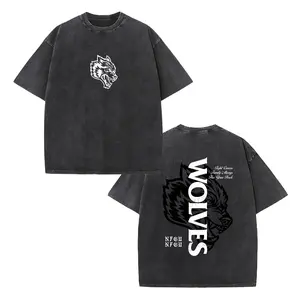 Retro Washed Wolves T-Shirt | Double-Sided Wolf Head Graphic Tee, Vintage Black Cotton Crewneck, Casual Outdoor Streetwear, Unisex Short Sleeve Shirt for Men Women