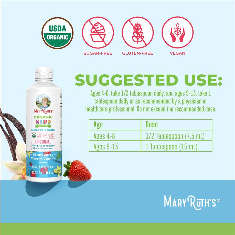 MaryRuth's USDA Organic Kids Multivitamin Liposomal - Sugar Free Liquid for Kids - Immune Support - Cognitive Health - Vegan - Non-GMO - 15.22 Oz