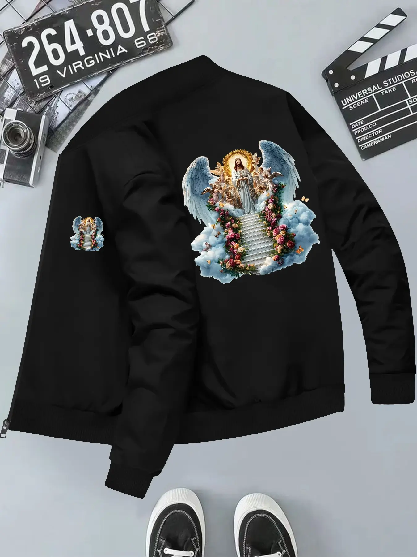 Religious Heaven Scene Print Casual Windbreaker Baseball Jacket, Long Sleeve Fitted Outerwear for All Seasons, Commuter Top