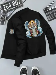 Religious Heaven Scene Print Casual Windbreaker Baseball Jacket, Long Sleeve Fitted Outerwear for All Seasons, Commuter Top