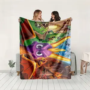 1 piece Spyro the Purple Dragon Adventure themed flannel blanket - Oversized fluffy warm sofa blanket, suitable for beds and sofas, modern geometric pattern design, all-season use, digital printing, 100% polyester material, machine washable
