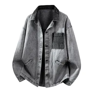 Color-block denim jacket with a turn-down collar; men’s spring/autumn streetwear brand loose washed workwear jacket; retro casual jacket; new loose street-style turn-down workwear jacket; men’s long-sleeve turn-down jacket