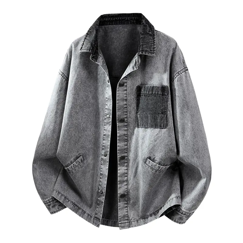 Men's Retro Vintage Washed Colorblock Denim Shacket - Collared Neck, Contrast Black Denim Collar, Chest Patch Pocket, Button-Front, Long-Sleeve, Loose Oversized, Stylish Streetwear Tops for Spring, Autumn Daily Outfits, Thanksgiving, Casual, Loose-Fitting
