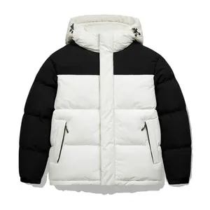 Men's winter hooded jacket, loose fit, thick warm coat, 100% polyester fiber, white and black color block design, zipper front closure and pockets, suitable for outdoor casual wear and winter apparel Menswear Formal Windproof Outerwear