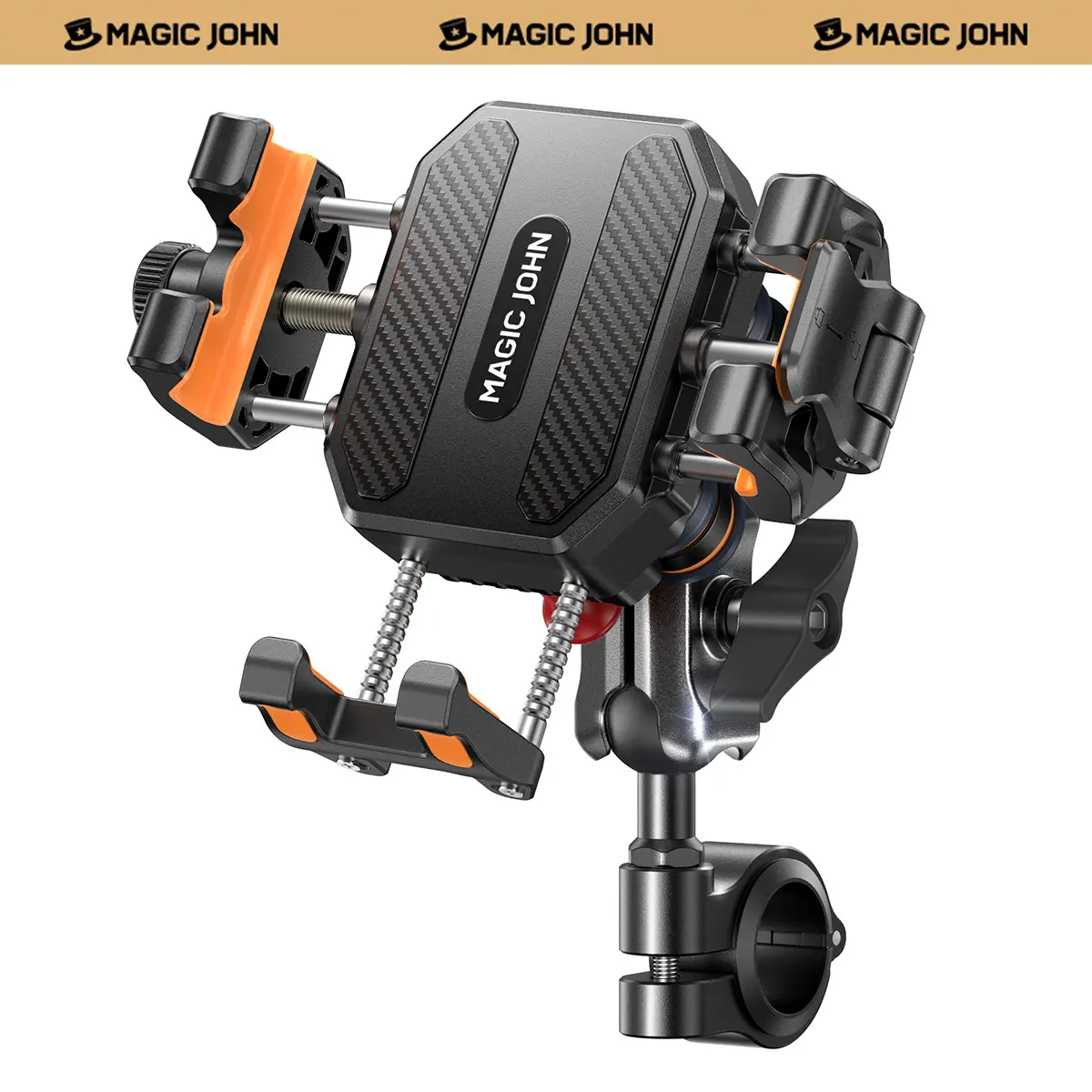 MAGIC JOHN X22 Metal Anti-Vibration Motorcycle Phone Mount, 95% Shock Absorption, One-Click Lock, 360° Rotation, Anti-Theft, Camera-Friendly, Fits 5.4"–7.2" Phones, Handlebar Clamp & Mirror Mount Options