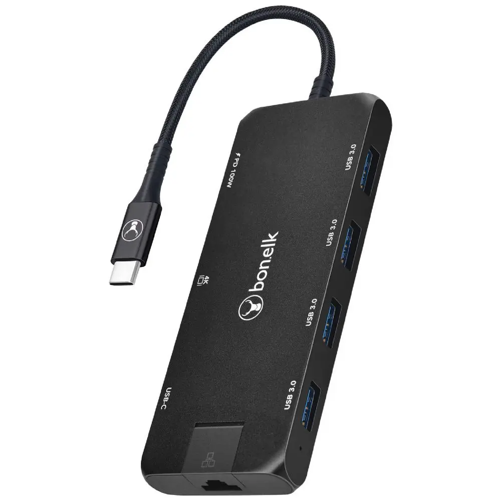 BonElk Long-Life USB-C 8-in-1 Multiport USB Hub with 4K HDMI, Ethernet, and 100W PD Ports - Black