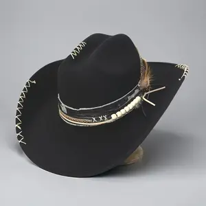 Holiday Cheer, Handmade Western Cowboy Hat - Elegant Black Felt with White Stitching, Beaded Accent & Feather Detail, Polyester, Non-Washable for Autumn & Winter Fashion, Stylish Cowboy Hat|Elegant Headgear|Decorative Beads, Cowboy Accessor