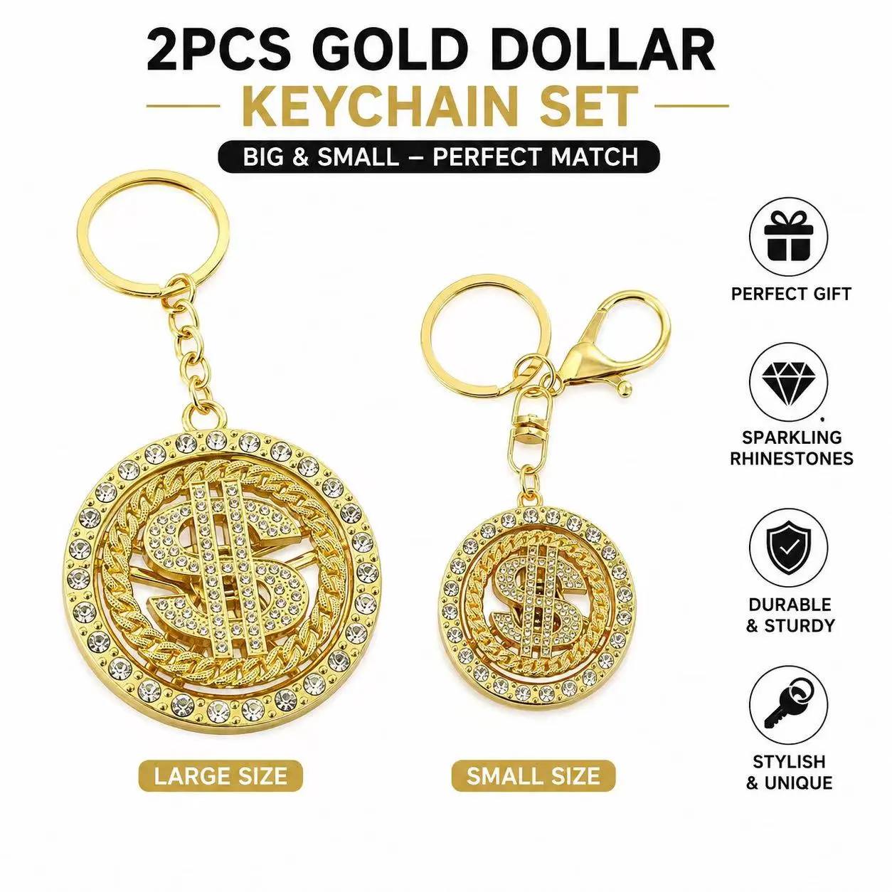 2026 Casual Rotatable Iced-Out Dollar Sign Stress-Relief Keychain with Cuban-Link Border, Clip, Durable Go-Getter Birthday Mini Gift, Universal Car Key Accessory