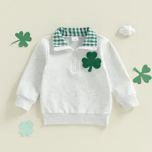 Babamoon St. Patrick's Day Toddler Baby Boy Irish Tops Cute Shamrock Embroidery Long Sleeve Collared Pullover Sweatshirt