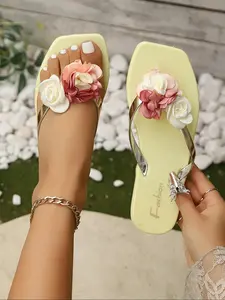Women's Floral PU Leather Sandals, Soft Sole Outdoor Beach Shoes, Casual Summer Footwear, Comfortable Square Toe Design