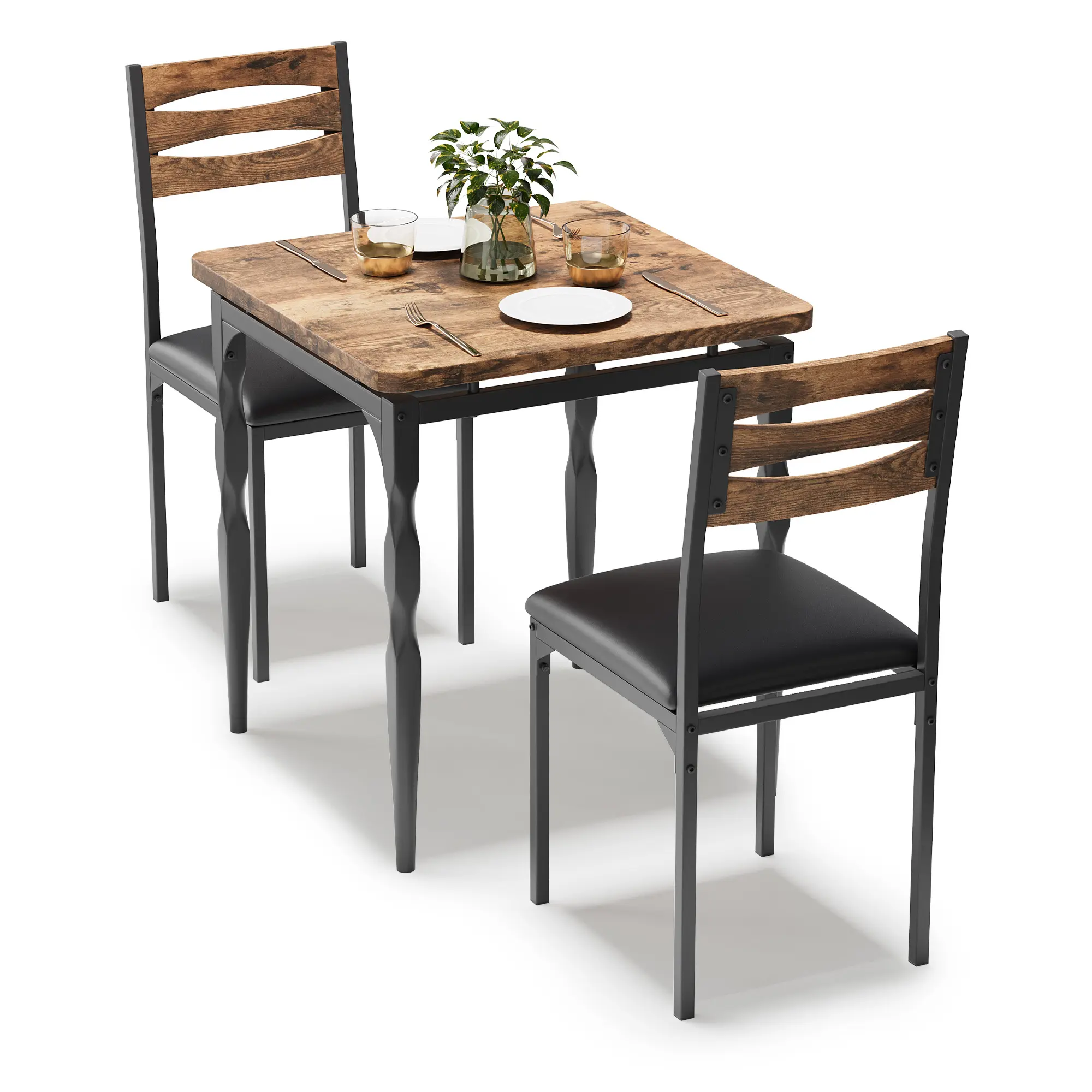 Space‑Saving 3‑Piece Dining Table Set for 2 People, Modern Dining Table & Chairs with Spiral Metal Legs, Compact Furniture for Small Spaces & Apartments, Brown or Black Available