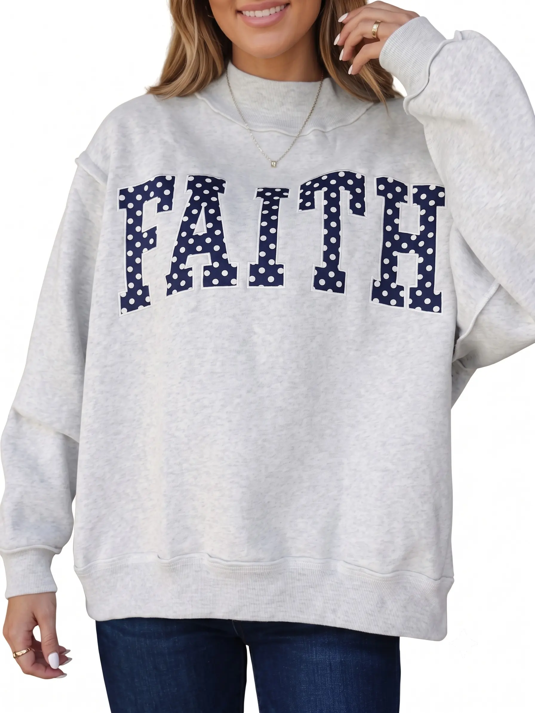 Women's Oversized High Neck Sweatshirt Cute Polka Dot Graphic Slogan Printed Pullover Top Slouchy Drop Shoulder Baggy Comfy Tunic