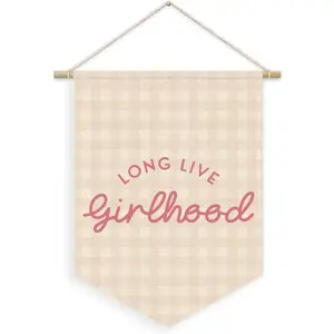 Toddler Girls Room Nursery Wall Decor Long Live Girlhood Linen Canvas Banner Pink Checkered Girly Wall Hanging Pennant Flag for Kids Bedroom Wall Art 15x11in