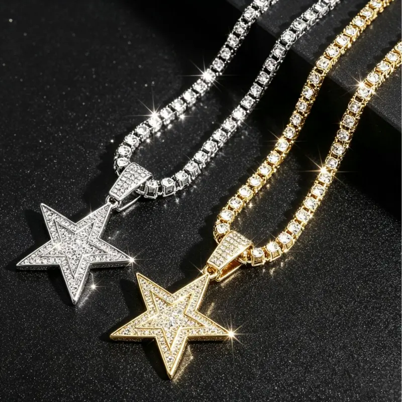 Iced Out Star Rhinestone Pendant Chain Necklace - 4mm, 16-18in Gold/Silver Plated, 2026 Spring Hip Hop Daily Accessory, Sparkly Star Insignia Chain Jewelry Necklace, Iced Out Necklace, Pendant Chain Necklaces