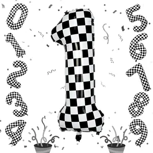 40 Inch Checkered Number 1 Self Inflating Black White Helium Foil Racing Balloon for 1st Birthday Fast Race Car Flag Party Decorations Supplies