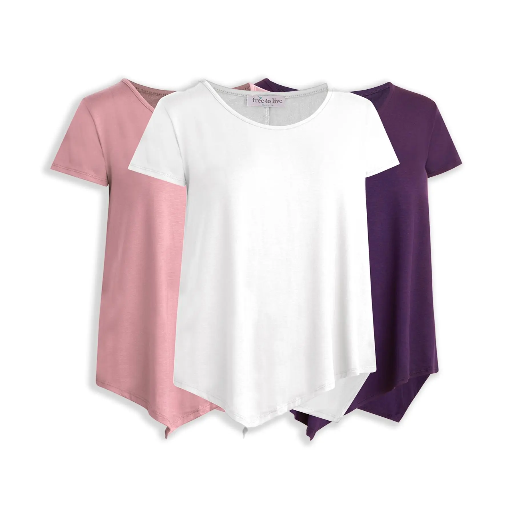 Short Sleeve Asymmetrical Tunic (3 Pack: Purple, Rose, White)