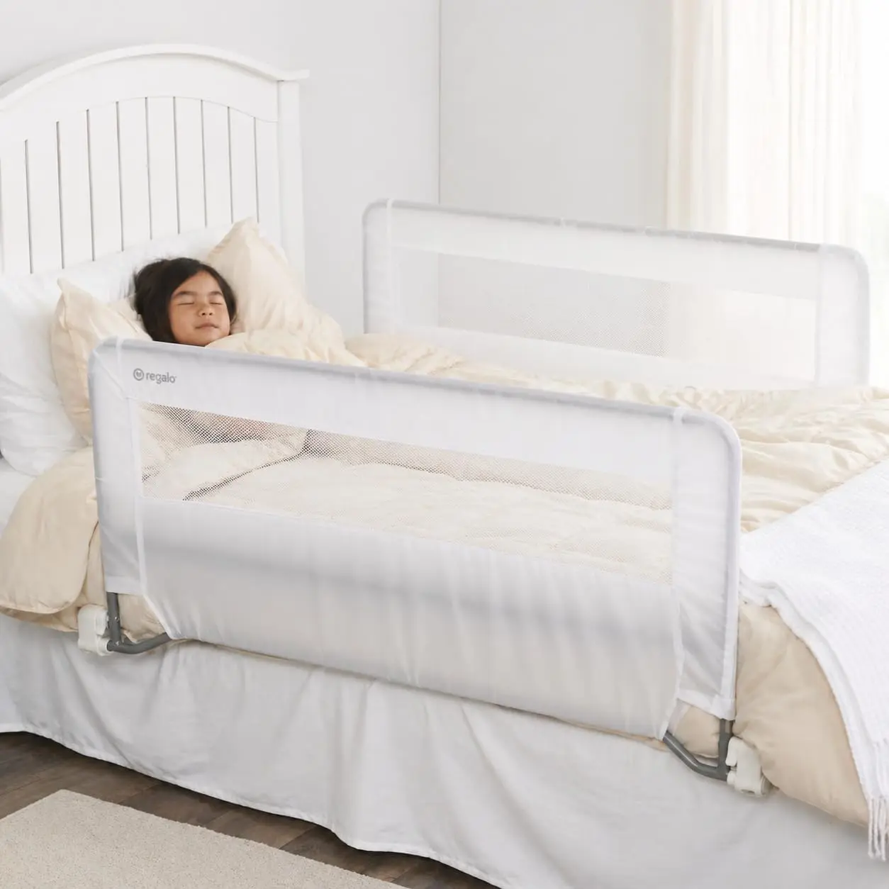 Safety Double-Sided Swing Down Bed Rail Guard 2-Pack, Toddler Bed Rail for Twin to Queen Beds, Extra Long 43”, Reinforced Anchor System, Easy Install, White