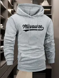 Milwaukee Graphic Pattern Print Hoodie, Casual Fitted Sweatshirt, Warm Sportswear for Travel & Daily Wear, Street Fashion Soft Fabric, Athletic Hoodie