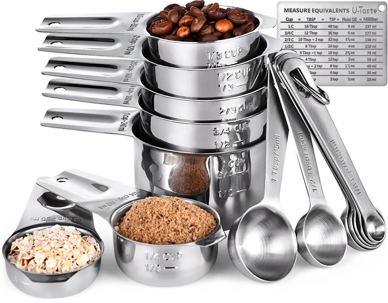 Measuring Cups, U-Taste Measuring Cups and Spoons Set of 15 in 18/8
