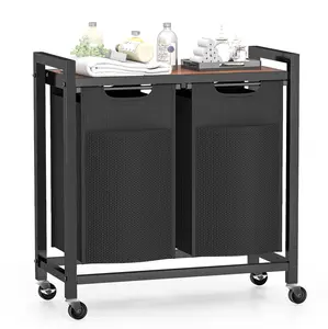 Laundry Hamper with 2/3 Pull-Out Removable Sorter Bags, Movable Wheels, Freestanding Clothes Basket Organizer in Bathroom,Rustic Brown and Black