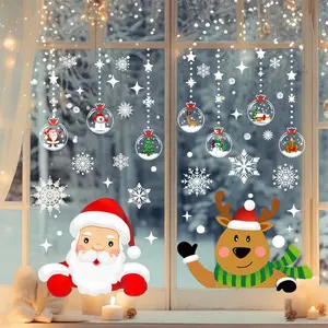 Christmas Window Sticker, 1 Set Santa Claus & Reindeer Pattern Window Decal, Window Decoration for Home Party Festival, Window Decorations Supplies