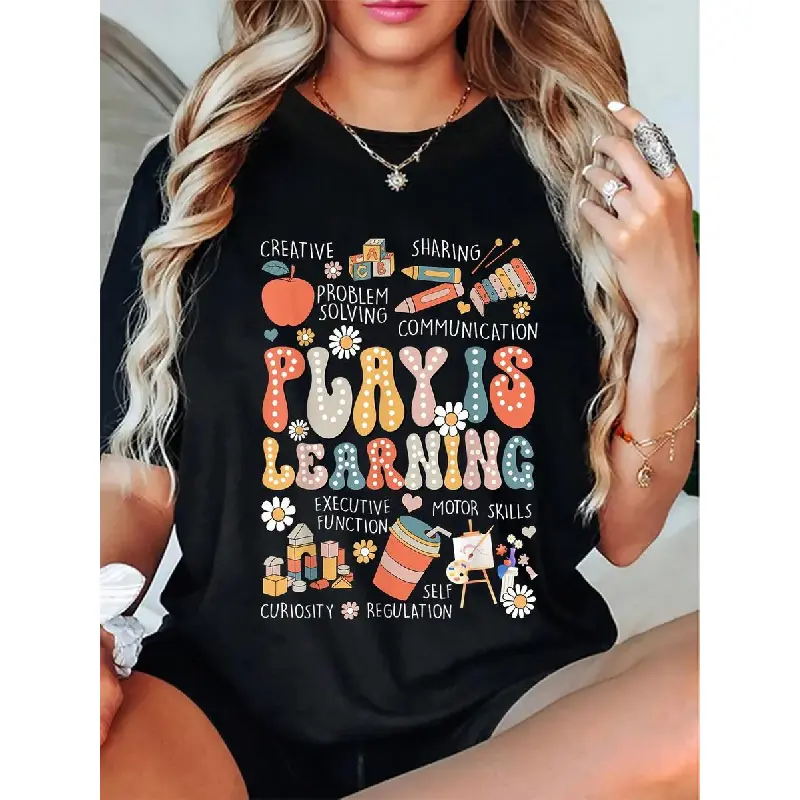 Women's 100% Breathable Cotton Fitted Round Neck Short-Sleeve Printed Tee - Casual Top for Preschool Teachers with "Play Is Learning" Design (As Photos)