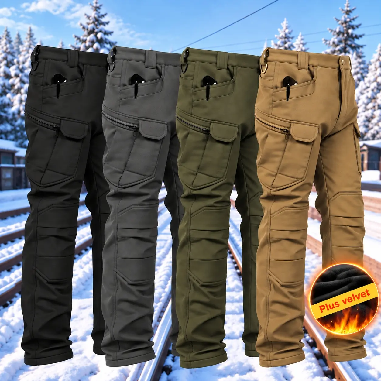 HOMUG Men's Windproof & Warm Outdoor Military Tactical Pants - Fleece-Lined, Solid Color, Mid-Rise, 320g Knit Fabric (Belt-Free, Multi-Pocket, Regular Fit) | Fall/Winter Casual Weekend Wear