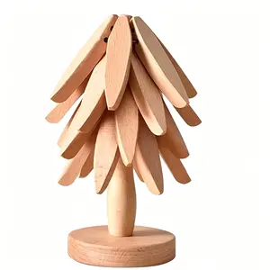 Foldable Wooden Tree Trivet Set Heat Resistant Coaster with Storage Stand Kitchen Decor
