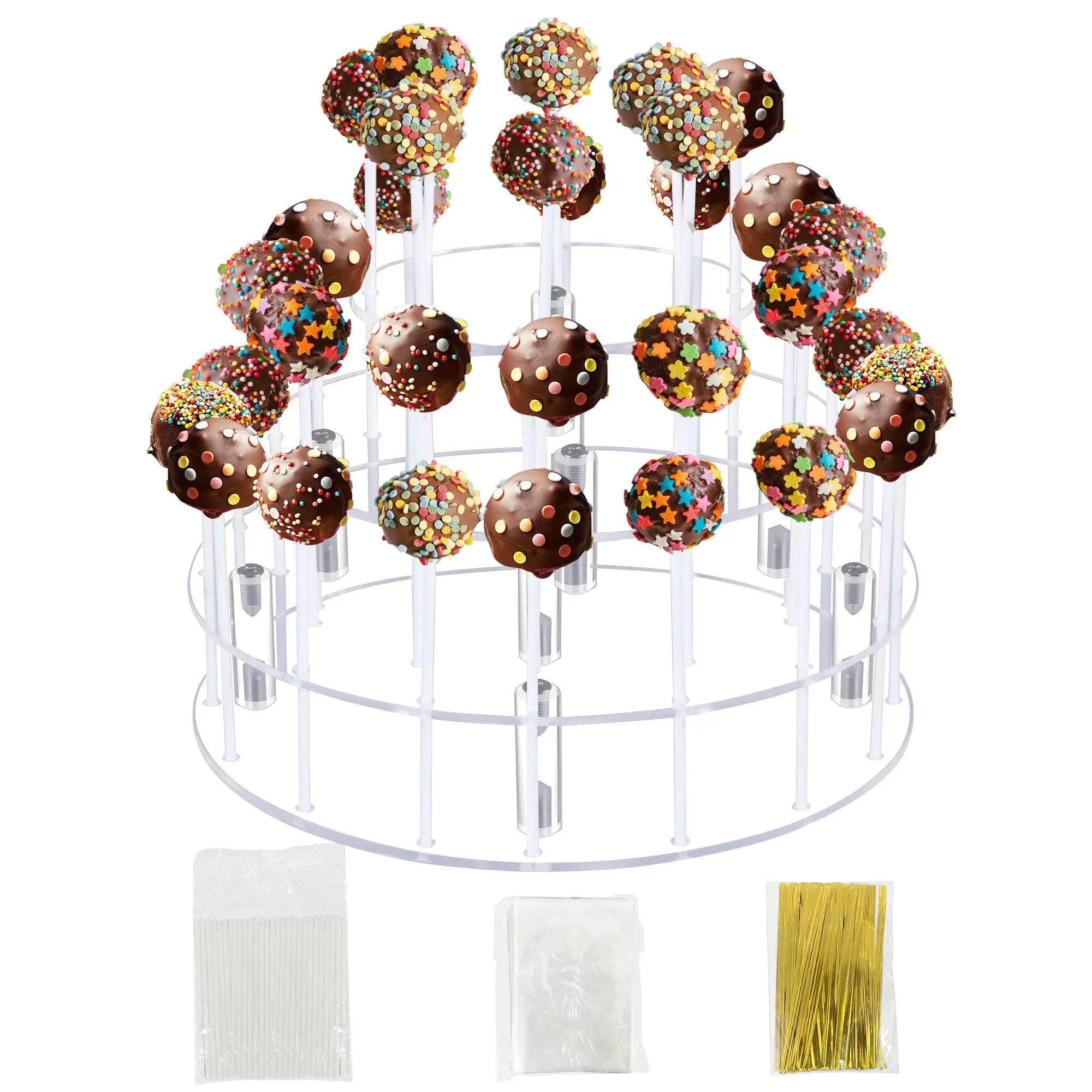 3 Tier Cake Pop Display Stand, 1 Set 36 Hole Acrylic Cake Pop Holder with Sticks & Packaging Paper, Cake Decoration Supplies for Wedding Birthday Party, Ornaments, Cake Decorating Supplies, Cupcake Stand Set, Party Dessert Stand