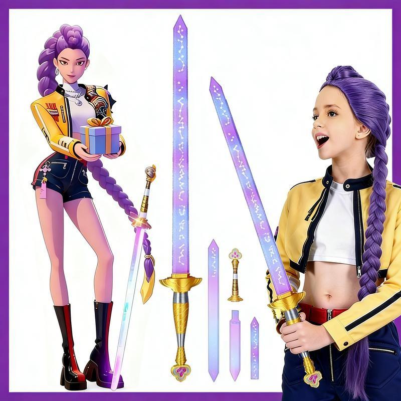 K-POP Large 3D printed portable purple telescopic Rumi sword, lightweight and portable, fun and space-saving, stress-relieving telescopic sword toy, cosplay fantasy accessory, movie collector gift, Halloween costume accessory.