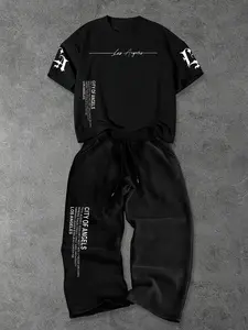 Men's Two-Piece Set Los Angeles Angel City Print T-Shirt + Drawstring Pants, Y2K Street Style, Casual Loose Fit Daily Wear