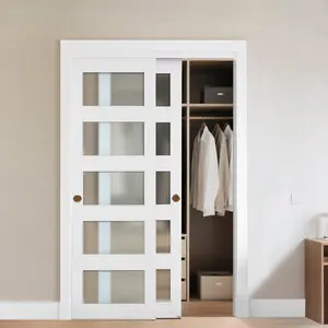 fathersdaygift VEVOR Sliding Closet Door, 48 (Double 25)x 80, 5-Lite Frosted Glass Bypass Sliding Doors with Hardware Kit Floor Guide, Solid Wood MDF Slab with Waterproof PVC Surface for Closets Bedrooms