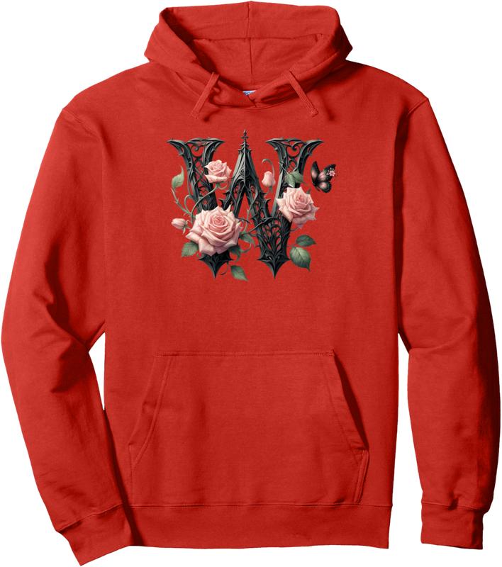 Letter W Initial Floral Monogram Rose Pink Flower Butterfly Pullover Hoodie - Parkermays Shop 95B0DQXCR9BD