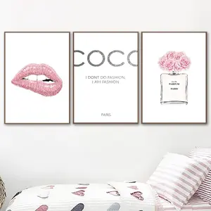 3pcs Frameless Fashion Flower Perfume Pink Lips Poster And Print Canvas Prints Coco Quotes Wall Art Modern Home Decoration Canvas Painting Pictures For Living Room Artwork Home Decoration