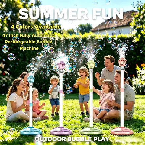 47'' Bubble Machine, Height Adjustable, Rechargeable with LED Lights & Music, 10 Packs Bubble Solution, Ideal for Parties, Kids Play, Automatic Party Bubble Machine, Adjustable Bubble Maker
