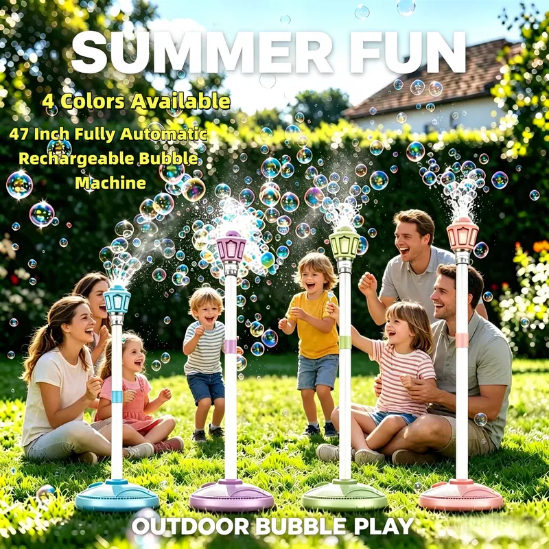 47'' Bubble Machine, Height Adjustable, Rechargeable with LED Lights & Music, 10 Packs Bubble Solution, Ideal for Parties, Kids Play, Automatic Party Bubble Machine, Adjustable Bubble Maker
