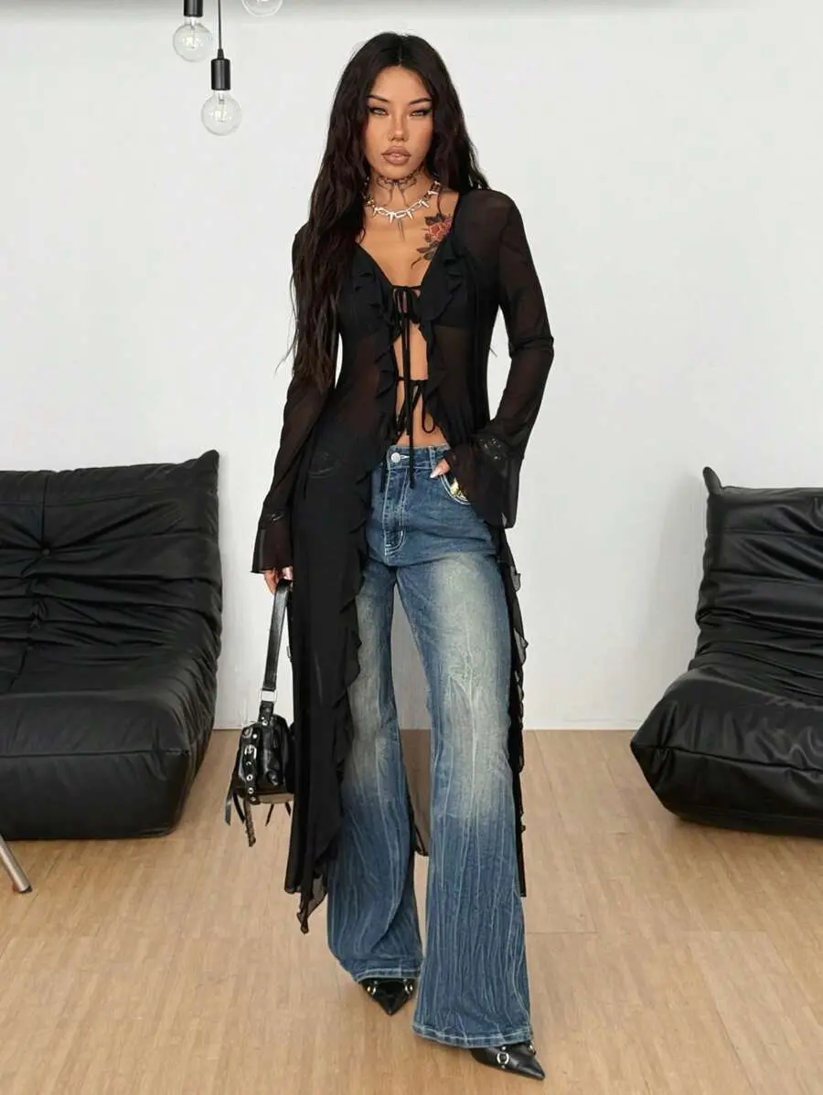 MUVA Women Fall/All-Season Streetwear  Boho Fairycore Daily Wear Rave Renaissance Fair Hippie Music Festival Mesh Straps Ruffle Ribbon Long Coat
