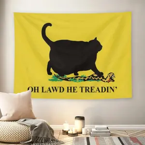 Oh Lawd He Treadin' Cat Meme Wall Flag, Yellow Background Funny Print, Mid-century Modern Black Flash Manga Style, Meme Lover Decor For Adult Fans, Y2K Vibe, Teen Bedroom, Dorm Tapestrymusic comics wall flags custom tapestries