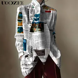 Long Sleeves Loose Letter Print Stand Collar Blouses&Shirts Tops Vintage Casual Womenswear Collared Fashionable Fitted