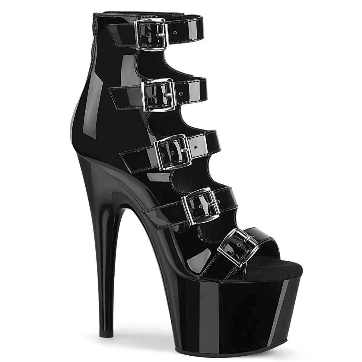 Women's Patent Leather Ankle Booties, Classy Open Toe Platform Heels with a 7-Inch Heel, Prominent Buckles & Back Zipper, Heeled