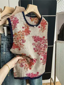 1pc Women's Spring/Summer Back-to-School Loose Crew Neck Sleeveless Knit Top -Dark Blue Trim,Color-Block Red & Yellow Floral Print, Vest-Layerable, Multicolor, Sweater Vest