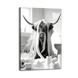 Funny Highland Cow Black And White Wall Decor Art, Waterproof Canvas Poster, Artistic Poster for Bathroom, Bedroom, Kitchen and Living Room, and A Perfect Gift for Home