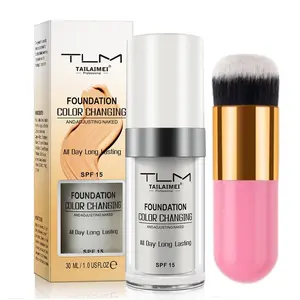30ML Color Changing Foundation Liquid Set with Makeup Brush, SPF 15 Sunscreen, Waterproof Sweatproof, Long Lasting Natural Finish