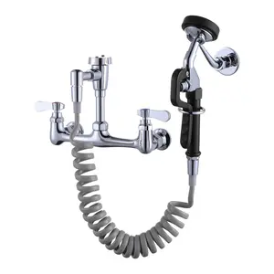 WOWOW Pet Grooming Faucet - Wall-Mount 8" Centers Mixing Faucet with Wall-Mount Installation, Brass Grooming Unit, Aluminum Spray Valve, Coiled Hose, Vacuum Breaker