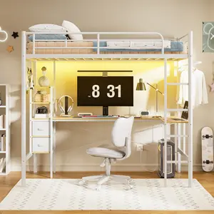 Loft Bed Twin Size with L-Shaped Desk Twin Loft Bed with 2 Storage Drawers and 3 Shelves Heavy Duty Metal Loft Bed with LED Light Charging Station Safety Guard & Ladder Brown