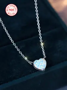 S925 Sterling Silver Heart Shaped Faux Opal Pendant Love Heart Necklace with Box, Fashion Jewelry for Party, Daily Decor, Trendy All-match & Exquisite Jewelry for Birthday Gift
